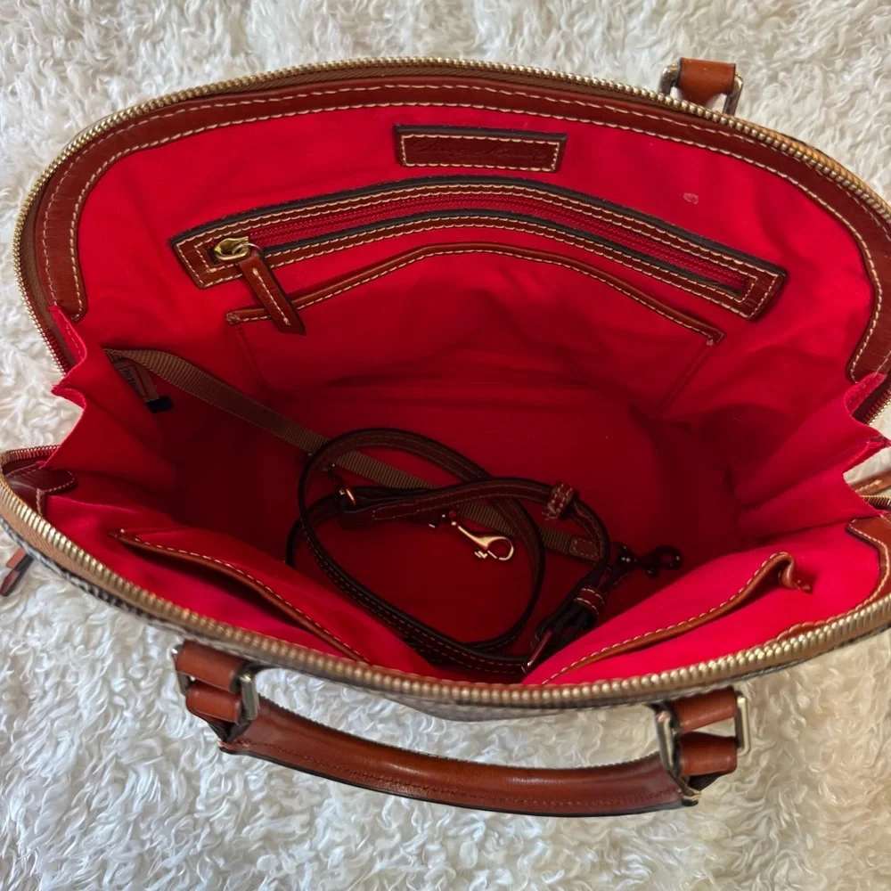 Dooney & Bourke Lizard Embossed Leather Domed Satchel | Brown Leather W/Strap - Picture 13 of 16